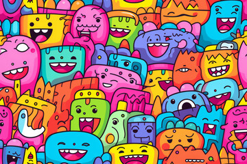 Seamless pattern with happy colorful cartoon monsters.