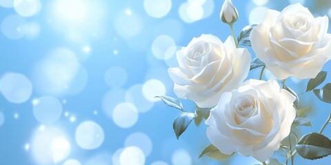 An abstract background featuring white roses against a soft blue backdrop with bokeh effects and ample copy space