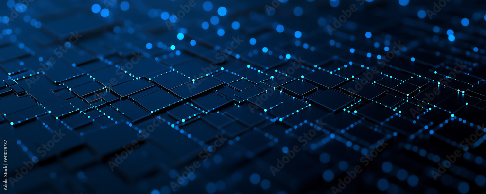Wall mural abstract background of blue and black colors with a dark, glowing digital matrix pattern and compute