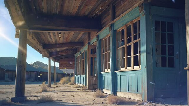 An old, weathered wooden building with a turquoise facade and a porch, set against a desert backdrop.
