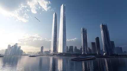 Futuristic Cityscape with Modern Skyscrapers and Waterway