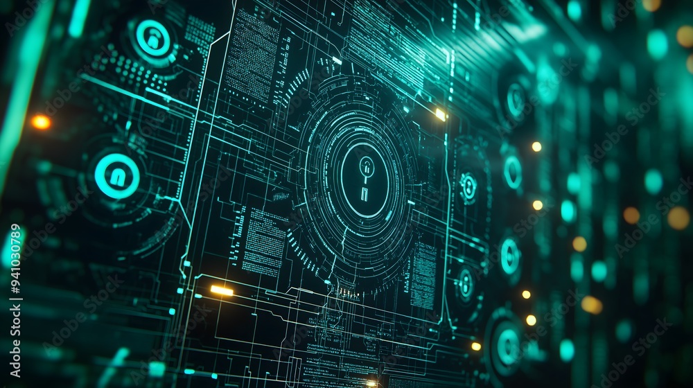 Poster futuristic tech interface with key icon and code