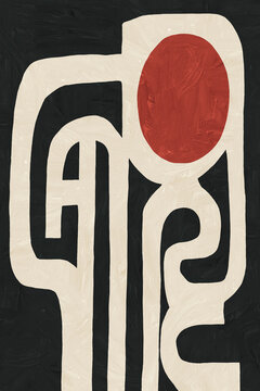 Minimalist abstract composition featuring organic shapes and a red circle on a black background
