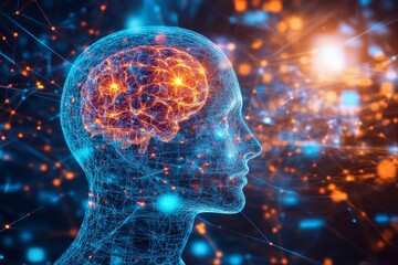 A futuristic digital artwork of a human head with neural connections glowing like stars symbolizing intelligence cognitive processes and the vastness of the mind in a cosmic conceptual style