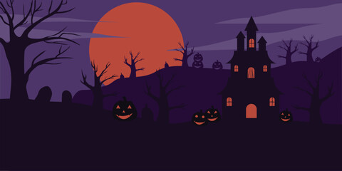 abstract landscape halloween poster with house or castle and pumpkin illustration design