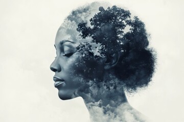 A surreal digital portrait of a woman with her brain depicted as a blooming tree symbolizing growth creativity and the connection between nature and the mind in a vibrant artistic style