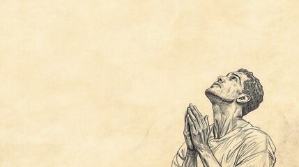 Fototapeta premium David in Desert with Hands Lifted in Prayer, Symbolizing Thirst for God’s Presence, Biblical Illustration of Psalms 63