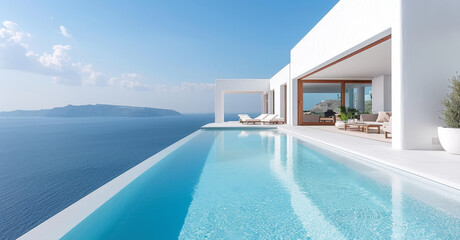 Fototapeta premium A large pool with a white house and a blue ocean in the background by AI generated image