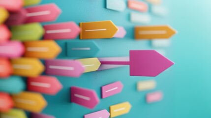 Fototapeta premium Arrows with labels illustrating steps in a workflow, displayed on a colorful, vibrant background.