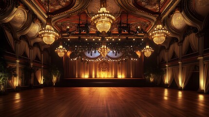 Obraz premium Lighting Event Hall with a Stage, Beautiful Ceiling, and Hanging Chandeliers