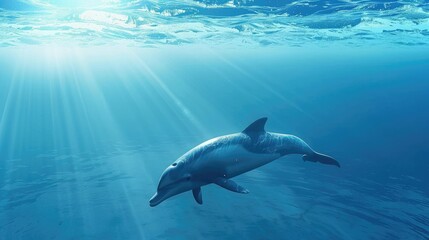 Fototapeta premium A Dolphin Swimming Towards the Sun in the Ocean
