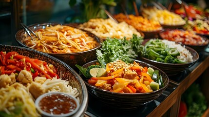 Obraz premium delicious Asian Food Buffet with stir fried Vegetables Noodles and Meat