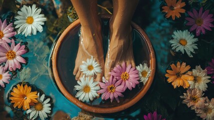 Woman soaking her feet in bowl of water