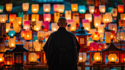 Obraz premium Traditional Lanterns Illuminate the Night with a Meditating Monk