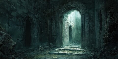 Dark stone archway leads to light.