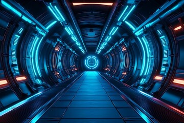 Fototapeta premium A dark tunnel environment illuminated by laser lights, featuring metal panels, and neon lighting in a 360-degree panoramic view