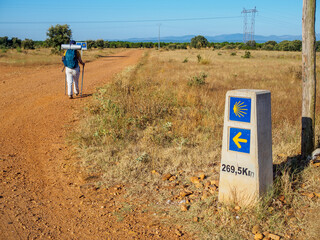 A pilgrim walking along a rural road on the Camino de Santiago, passing by a milestone with the...