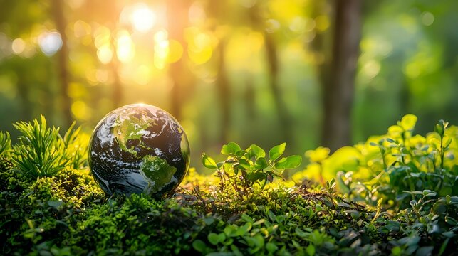 Earth Globe on Green Grass and Moss with sunlight