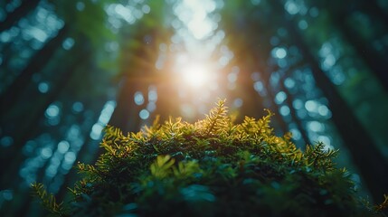 Obraz premium sunlight Through Forest Canopy Green Moss Close Up