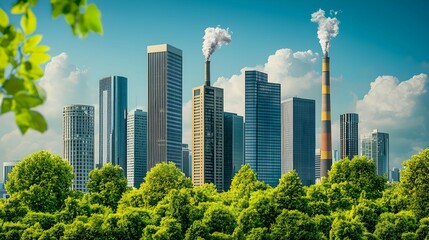 Fototapeta premium Green Cityscape with smoke stacks and skyscrapers