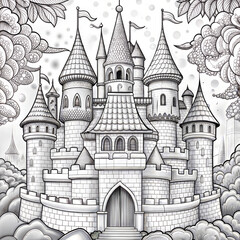 Fototapeta premium Children's Coloring Page: Majestic Medieval Castle with Towering Turrets and Clouds