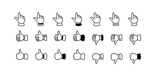Cute line doodle like, dislike and choose icon set. Humb up hand. Mouse cursor. Good and bad experience, positive and negative feedback, recommend button, social media symbol