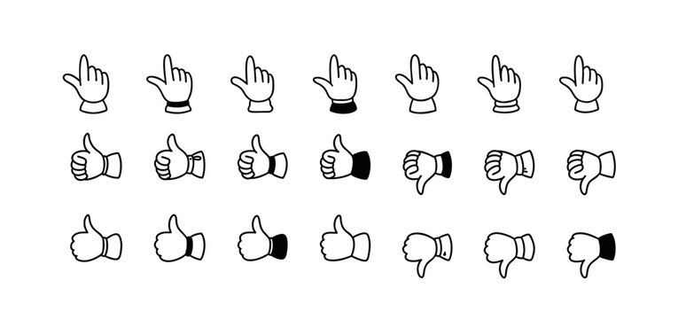Cute line doodle like, dislike and choose icon set. Humb up hand. Mouse cursor. Good and bad experience, positive and negative feedback, recommend button, social media symbol
