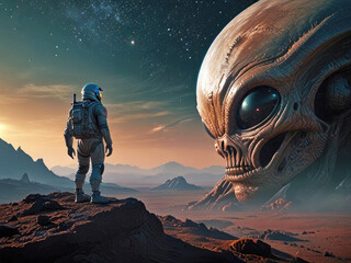 An astronaut stands and looks at a giant alien skull on a mountainous planet in outer space