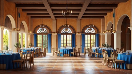 Terracotta tile Mediterranean Banquet Hall Interior Design with Blue Accents