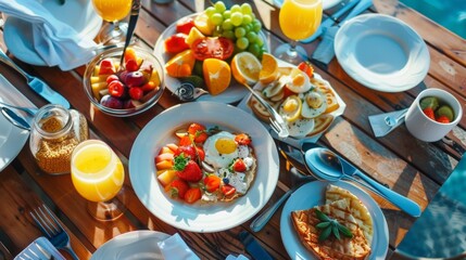 A vibrant tropical brunch spread featuring fresh fruits, eggs, and juices on a wooden table with a scenic view
