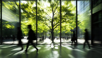 Silhouettes Walking Through Glass Doors with Green Trees Reflected