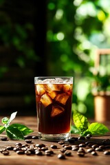 A refreshing glass of iced coffee sits on a wooden table, surrounded by coffee beans and vibrant green leaves, perfect for a warm day.