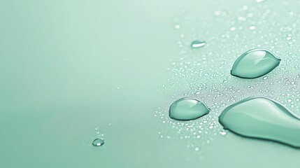 A close-up shot of water droplets on a smooth, green surface.