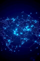 Fototapeta premium Abstract world map with glowing connections, representing networking, technology, and digital communication on a dark background.