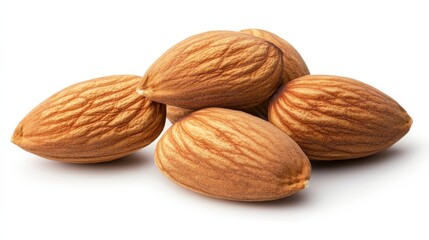 A group of almond seeds with a textured surface, arranged on a white background.