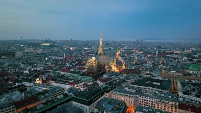 Aerial view of famous places St. Stephen's Cathedral Stephansdom at night. Mother church of the Roman Catholic Archdiocese of Vienna. Austria