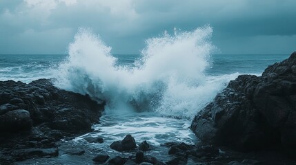 Fototapeta premium An ocean wave smashing against a rocky shore