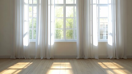 A backlit window with white curtains in an empty room