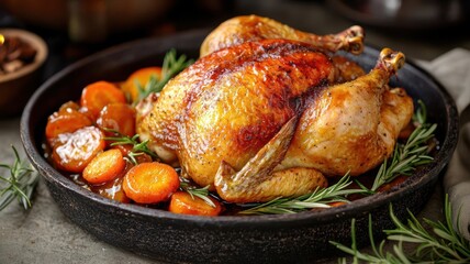 Juicy roasted chicken with crispy skin, golden brown, served with a side of glazed carrots and rosemary, rustic setting