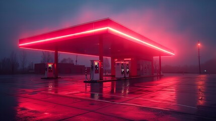 "Empty gas station with red neon lighting at night, featuring a transportation fuel pump. A nighttime scene for the travel business."