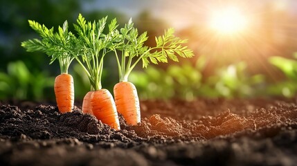 Vibrant carrots emerging from rich soil, bathed in warm sunlight, symbolizing freshness and growth in nature.