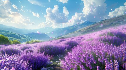 Obraz premium Lavender Field with Mountains and Falling Petals