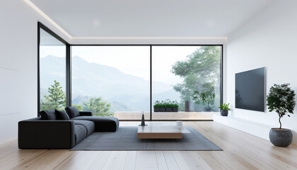A large living room with a black couch, a coffee table, and a flat screen TV by AI generated image