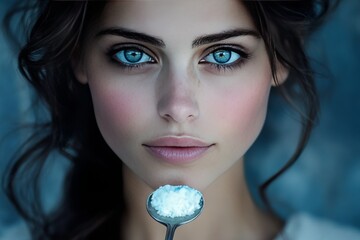 Naklejka premium Portrait of a woman with striking blue eyes holding a white flower symbolizing purity natural beauty and the delicate balance of nature and self care