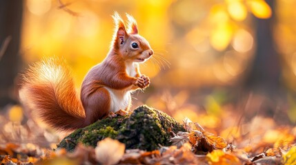 Eurasian red squirrel in autumn forest bathed in warm light. Vivid wildlife scenery. Small animal feeding.