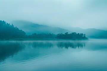 Fototapeta premium A tranquil lake with trees on a foggy day, the mist creating a soft, dreamlike quality over the water, Pale shades of blue and green blending together to evoke a sense of calm and tranquility, 