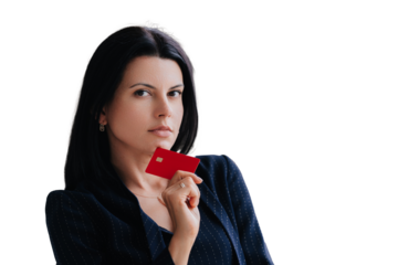 Thoughtful woman holding a credit card, contemplating a purchase or financial decision on transparent background