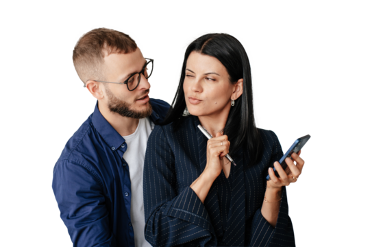 businesswoman and her colleague review documents together, sharing insights and strategies against transparent background
