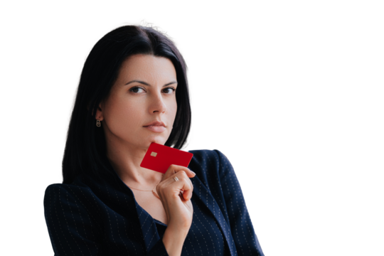 Thoughtful woman holding a credit card, contemplating a purchase or financial decision on transparent background