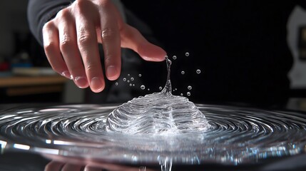 Fingertip Touching Water Creating Splash and Ripples